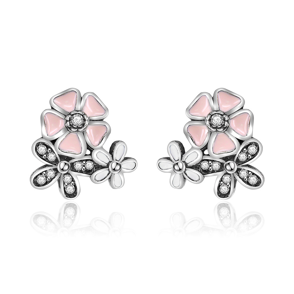 Silver Flower Earrings in White and Pink Enamel